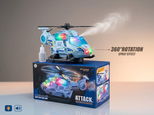360° Rotating Attack Fighter Toy Helicopter with Realistic Mist Spray Effect, LED Lights & Dynamic Sound for Kids