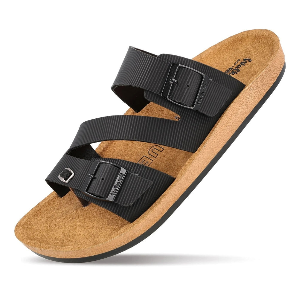 Walkaroo Men's Double Buckle Slide Sandals (Black/Tan) - Comfortable Casual Gents Sliders & Slippers.