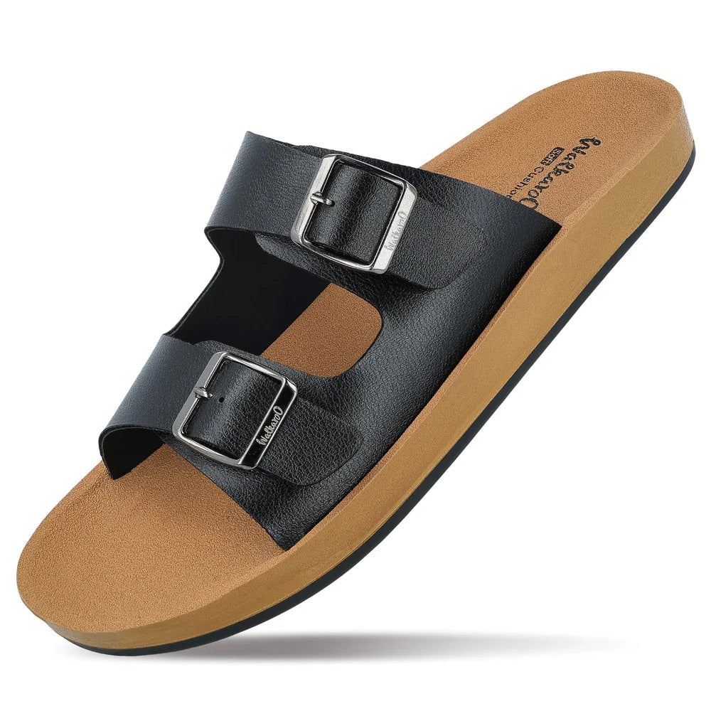 Walkaroo Men's Double Buckle Slide Sandals (Black/Tan) - Comfortable Casual Gents Sliders & Slippers.