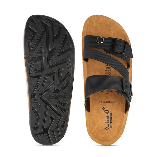 Walkaroo Men's Double Buckle Slide Sandals (Black/Tan) - Comfortable Casual Gents Sliders & Slippers.