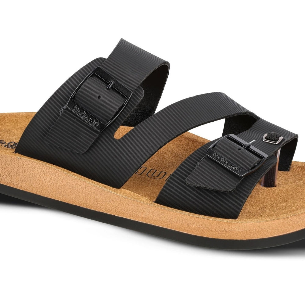 Walkaroo Men's Double Buckle Slide Sandals (Black/Tan) - Comfortable Casual Gents Sliders & Slippers.
