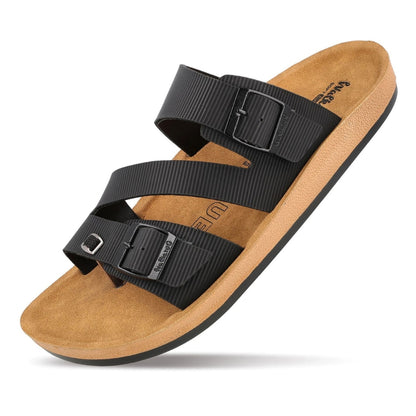 Walkaroo Men's Double Buckle Slide Sandals (Black/Tan) - Comfortable Casual Gents Sliders & Slippers.