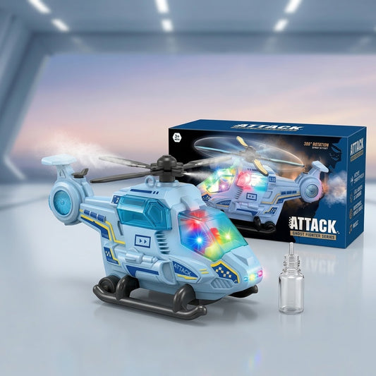 360° Rotating Attack Fighter Toy Helicopter with Realistic Mist Spray Effect, LED Lights & Dynamic Sound for Kids
