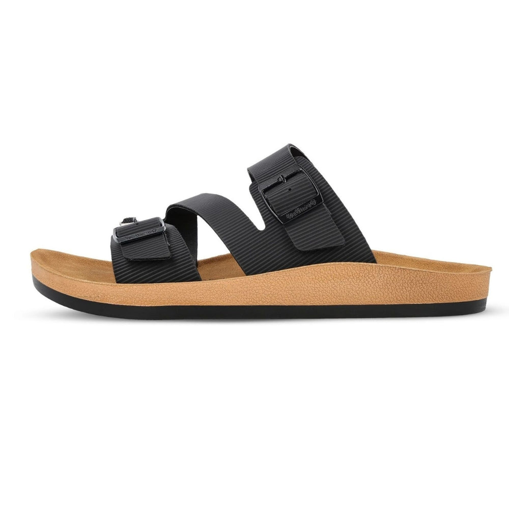 Walkaroo Men's Double Buckle Slide Sandals (Black/Tan) - Comfortable Casual Gents Sliders & Slippers.