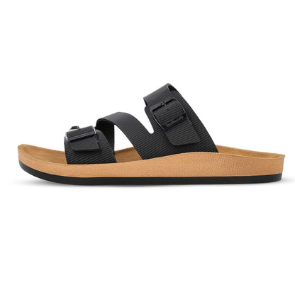 Walkaroo Men's Double Buckle Slide Sandals (Black/Tan) - Comfortable Casual Gents Sliders & Slippers.