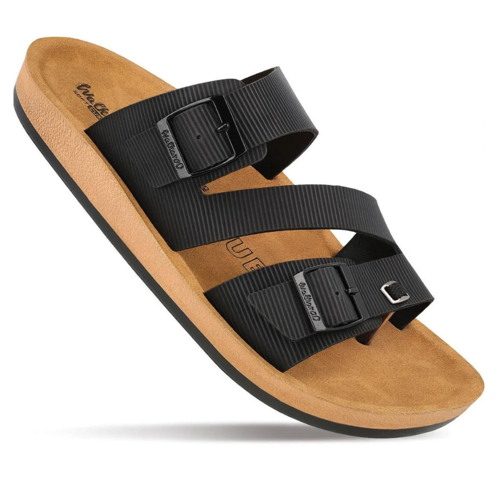 Walkaroo Men's Double Buckle Slide Sandals (Black/Tan) - Comfortable Casual Gents Sliders & Slippers.