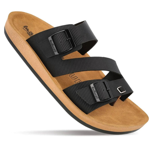 Walkaroo Men's Double Buckle Slide Sandals (Black/Tan) - Comfortable Casual Gents Sliders & Slippers.