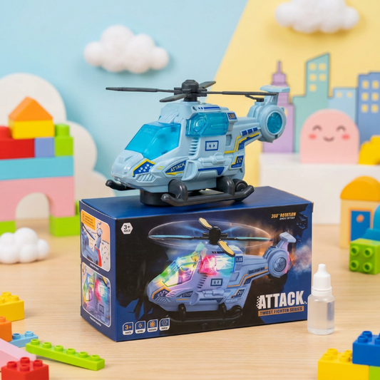 360° Rotating Attack Fighter Toy Helicopter with Realistic Mist Spray Effect, LED Lights & Dynamic Sound for Kids