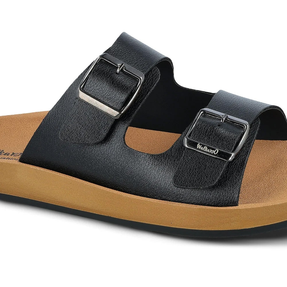 Walkaroo Men's Double Buckle Slide Sandals (Black/Tan) - Comfortable Casual Gents Sliders & Slippers.