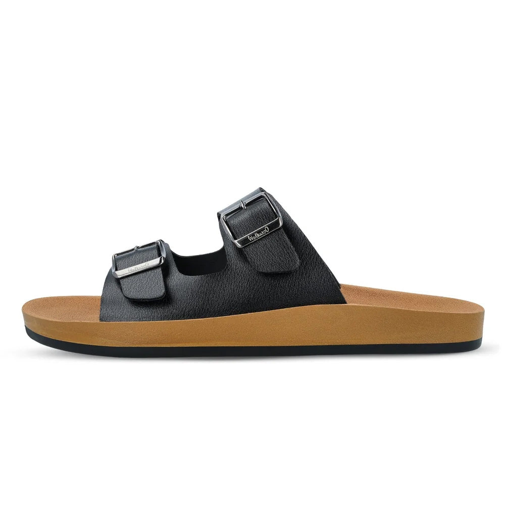 Walkaroo Men's Double Buckle Slide Sandals (Black/Tan) - Comfortable Casual Gents Sliders & Slippers.