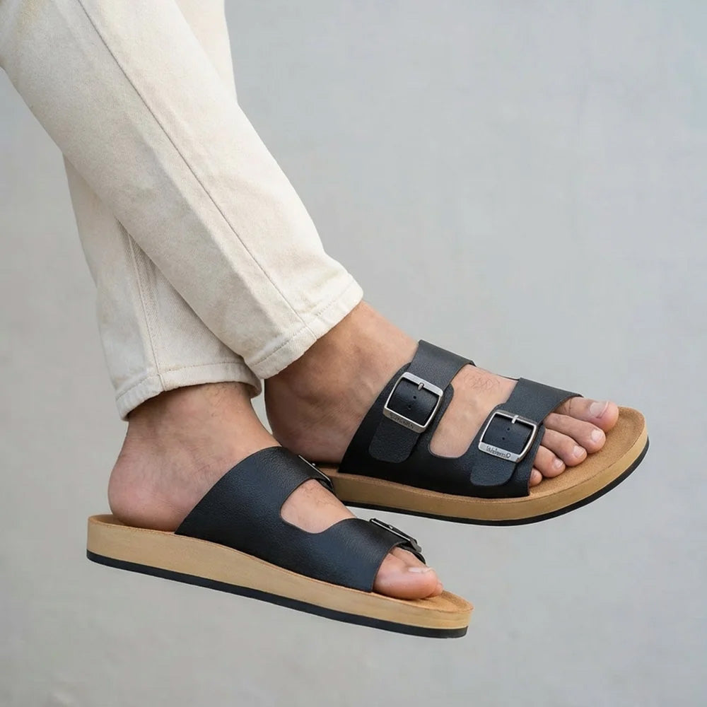 Walkaroo Men's Double Buckle Slide Sandals (Black/Tan) - Comfortable Casual Gents Sliders & Slippers.