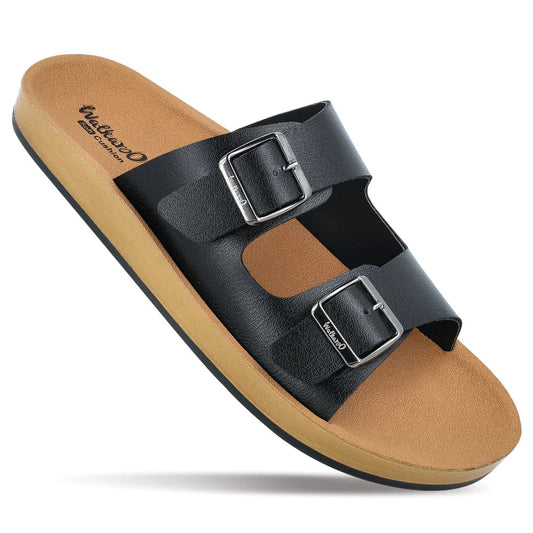 Walkaroo Men's Double Buckle Slide Sandals (Black/Tan) - Comfortable Casual Gents Sliders & Slippers.