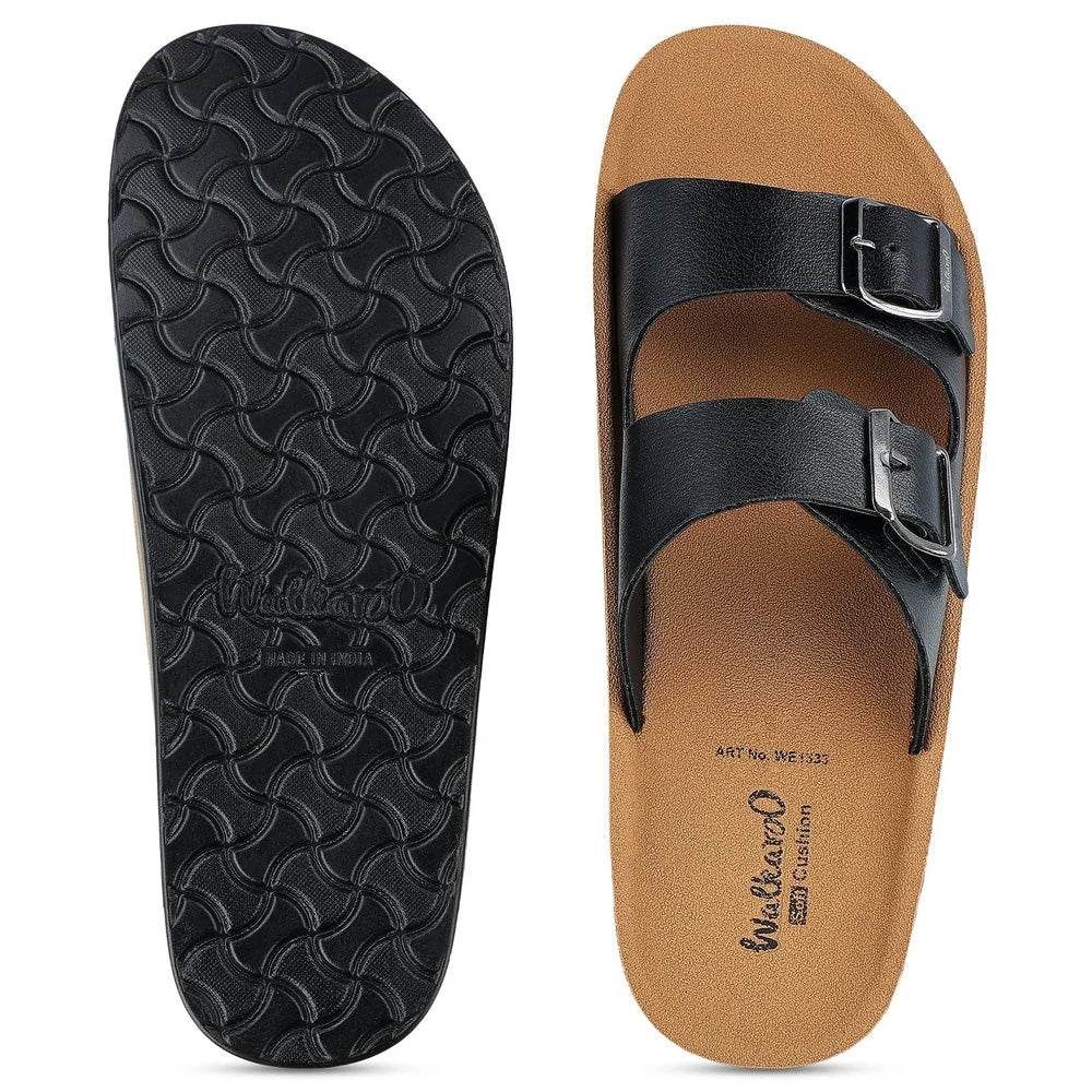 Walkaroo Men's Double Buckle Slide Sandals (Black/Tan) - Comfortable Casual Gents Sliders & Slippers.