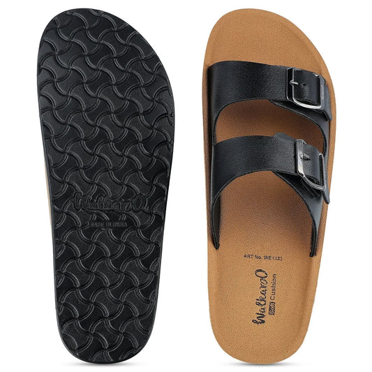 Walkaroo Men's Double Buckle Slide Sandals (Black/Tan) - Comfortable Casual Gents Sliders & Slippers.